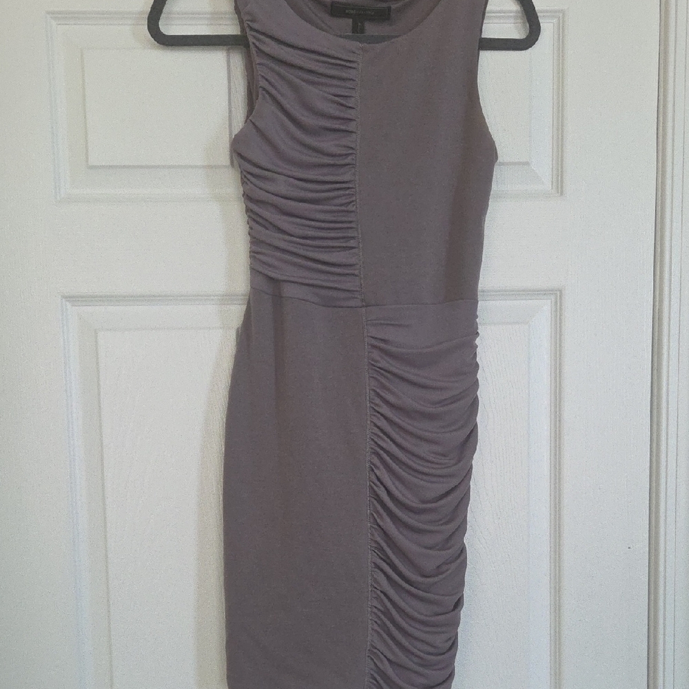 BCBGMaxAzria Sleeveless Ruched Mini Dress in Taupe